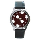 Polka Dots - White on Dark Sienna Brown Round Metal Watch