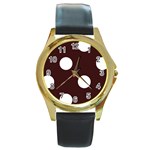 Polka Dots - White on Dark Sienna Brown Round Gold Metal Watch