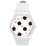 Polka Dots - Dark Sienna Brown on White Round Plastic Sport Watch (M)