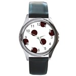 Polka Dots - Dark Sienna Brown on White Round Metal Watch
