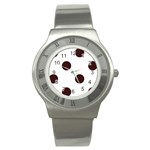 Polka Dots - Dark Sienna Brown on White Stainless Steel Watch