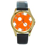 Polka Dots - White on Safety Orange Round Gold Metal Watch