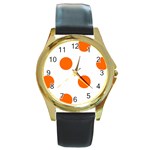 Polka Dots - Safety Orange on White Round Gold Metal Watch