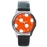 Polka Dots - White on Tangelo Orange Round Metal Watch