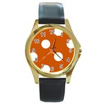 Polka Dots - White on Burnt Orange Round Gold Metal Watch