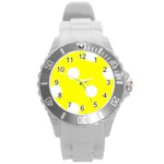 Polka Dots - White on Yellow Round Plastic Sport Watch (L)