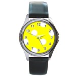 Polka Dots - White on Yellow Round Metal Watch