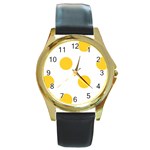 Polka Dots - Banana Yellow on White Round Gold Metal Watch