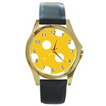 Polka Dots - White on Deep Lemon Yellow Round Gold Metal Watch