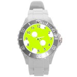 Polka Dots - White on Fluorescent Yellow Round Plastic Sport Watch (L)