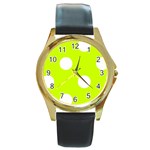 Polka Dots - White on Fluorescent Yellow Round Gold Metal Watch