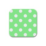 Polka Dots - White on Light Green Rubber Square Coaster (4 pack)