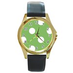 Polka Dots - White on Dollar Bill Green Round Gold Metal Watch