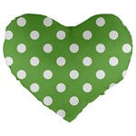 Polka Dots - White on Dollar Bill Green Large 19  Premium Flano Heart Shape Cushion