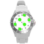 Polka Dots - Neon Green on White Round Plastic Sport Watch (L)