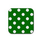 Polka Dots - White on Green Rubber Coaster (Square)
