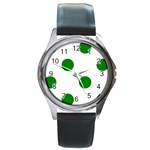 Polka Dots - Green on White Round Metal Watch