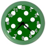 Polka Dots - White on Dark Green Color Wall Clock