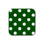 Polka Dots - White on Dark Green Rubber Square Coaster (4 pack)