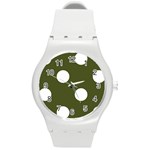 Polka Dots - White on Army Green Round Plastic Sport Watch (M)