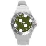 Polka Dots - White on Army Green Round Plastic Sport Watch (L)