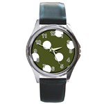 Polka Dots - White on Army Green Round Metal Watch