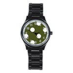 Polka Dots - White on Army Green Stainless Steel Round Watch