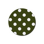 Polka Dots - White on Army Green Rubber Round Coaster (4 pack)