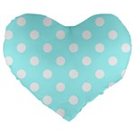 Polka Dots - White on Celeste Cyan Large 19  Premium Flano Heart Shape Cushion