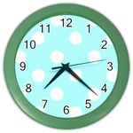 Polka Dots - White on Celeste Cyan Color Wall Clock
