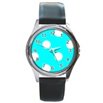 Polka Dots - White on Aqua Cyan Round Metal Watch