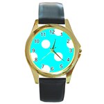 Polka Dots - White on Aqua Cyan Round Gold Metal Watch