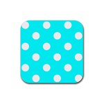 Polka Dots - White on Aqua Cyan Rubber Coaster (Square)