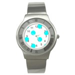 Polka Dots - Aqua Cyan on White Stainless Steel Watch