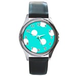 Polka Dots - White on Bright Turquoise Round Metal Watch