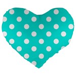 Polka Dots - White on Bright Turquoise Large 19  Premium Heart Shape Cushion