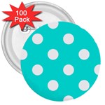 Polka Dots - White on Bright Turquoise 3  Button (100 pack)