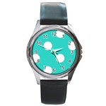 Polka Dots - White on Turquoise Round Metal Watch