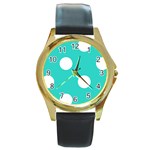 Polka Dots - White on Turquoise Round Gold Metal Watch
