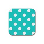 Polka Dots - White on Turquoise Rubber Coaster (Square)