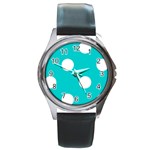 Polka Dots - White on Cyan Round Metal Watch
