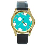 Polka Dots - White on Cyan Round Gold Metal Watch