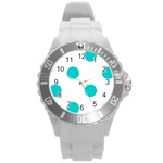 Polka Dots - Cyan on White Round Plastic Sport Watch (L)