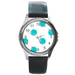Polka Dots - Cyan on White Round Metal Watch
