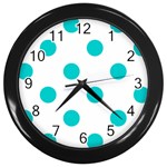 Polka Dots - Cyan on White Wall Clock (Black)