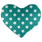Polka Dots - White on Verdigris Large 19  Premium Flano Heart Shape Cushion