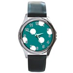 Polka Dots - White on Teal Round Metal Watch