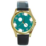 Polka Dots - White on Teal Round Gold Metal Watch
