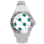 Polka Dots - Teal on White Round Plastic Sport Watch (L)