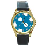 Polka Dots - White on Cerulean Round Gold Metal Watch